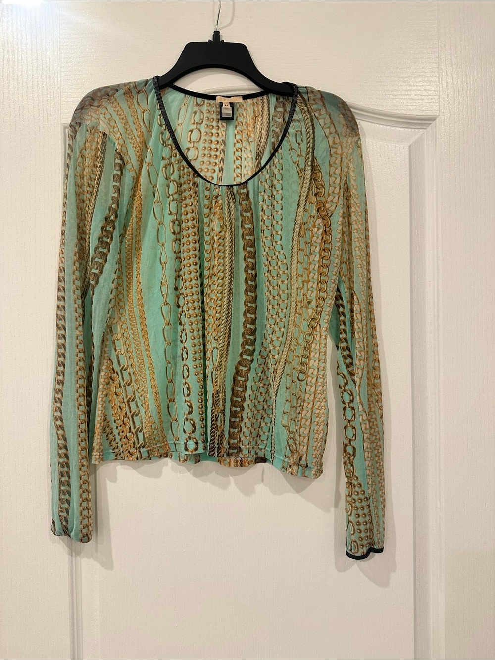 Roberto Cavalli Light Teal Chain-Print Long Sleeve Top -